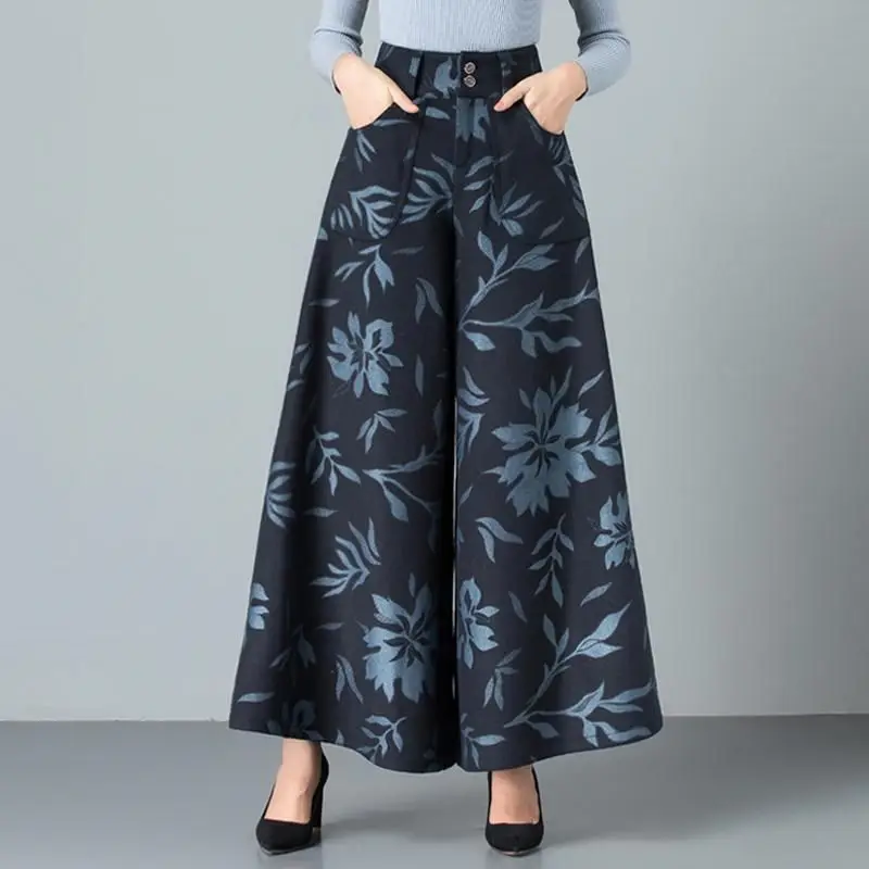 

Women 2021 Autumn New Fashion Printed Woolen Trousers Female Loose Wide-leg Pants Ladies High Waist Thick Warm Trousers Q732