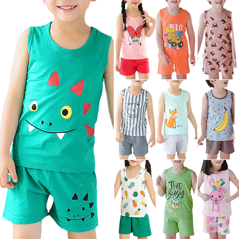 

Cartoon Printed Unisex Boys Girls Sleeveless Tops and Shorts Casual Summer Clothing Set Eccentric Creative Simple Pattern Wears