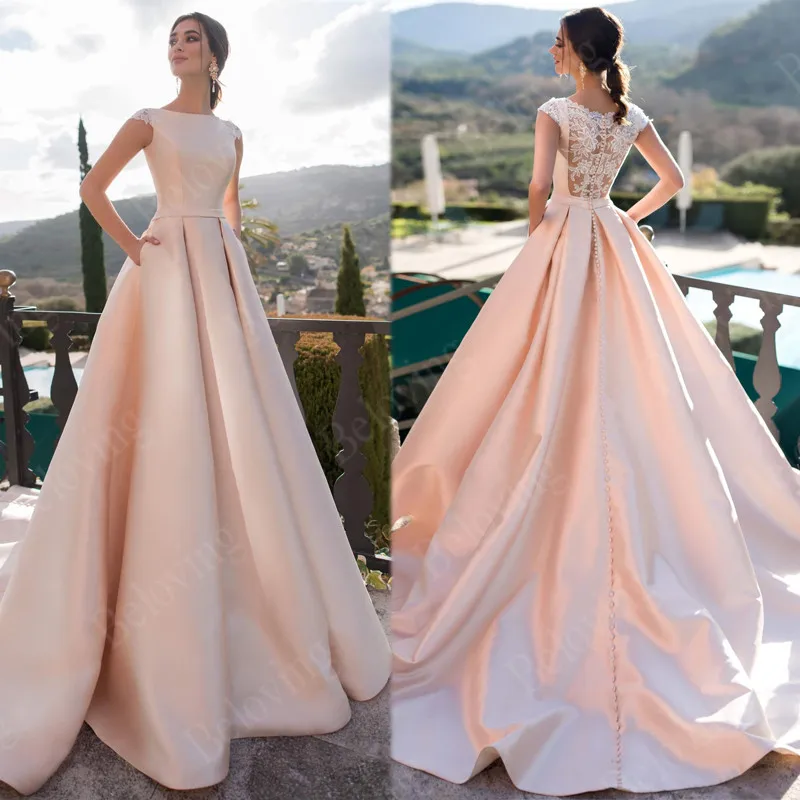 

Luxury Satin Pink Wedding Dresses with Pocket Lace Appliques Buttonss Back Long Train Bridal Bride Gowns Vestido De Noiva 2021