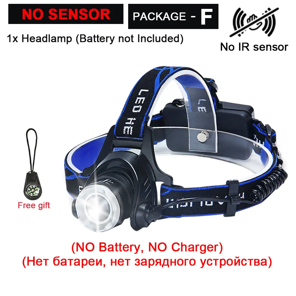 Package F ИК-датчик, головной светильник, USB Перезаряжаемый, V6/L2/T6, индукционный светодиодный налобный фонарь, налобный светильник для рыбалки, налобный фонарь, фонарь, аккумулятор 18650 - Испускаемый цвет: Package F