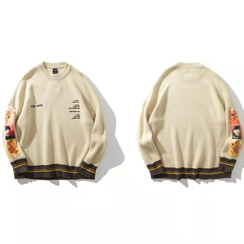 Мужской трикотажный свитер с вышивкой Ван Гога черный или серый винтажный