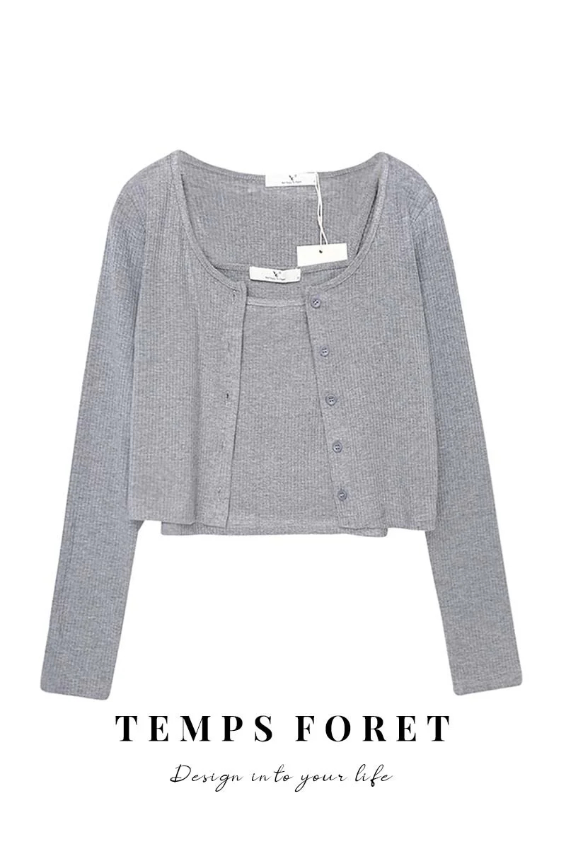 Unif Cardigan Clothes New Style Pure Desire Short Suspender Vest LONG SLEEVE TOP Women's Coat Two-piece Set Jum |