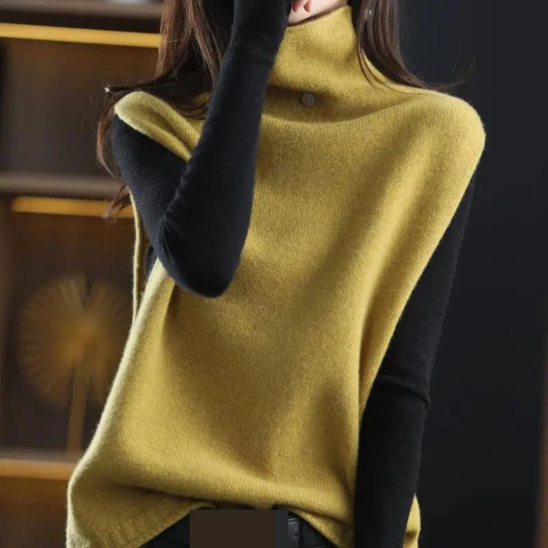 Cashmere sweater vest women's autumn  winter new style sleeveless top high collar button loose  wool knitted waistcoat