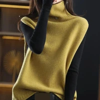cashmere sweater vest womens autumn winter new style sleeveless top high collar button loose wool knitted waistcoat