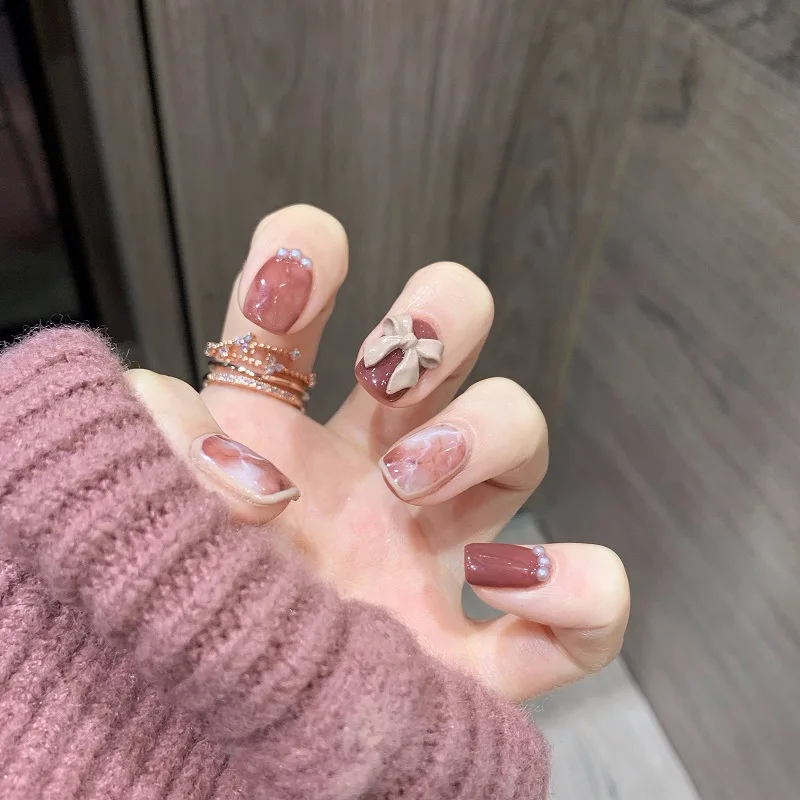 

Bean Paste Powder Bowknot Marble Smudge Ribbon Fake Nail Patch Manicure Finished Disassembly Wearable False Nail