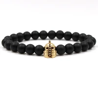 8mm matte black stone beads bracelet pave cz 4 color knight helmet bracelet bangle for womenmen trendy jewelry handmade 2021
