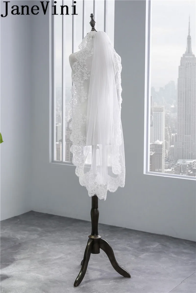 JaneVini один слой короткая свадебная вуаль белые пайетки Кружевная аппликация край