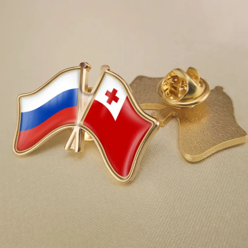 

Russian Federation and Tonga Crossed Double Friendship Flags Lapel Pins Brooch Badges
