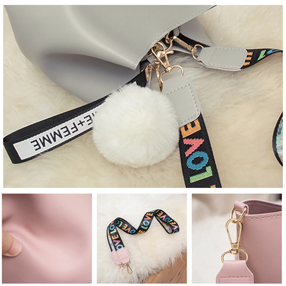 

LOOZYKIT Women Large Capacity Bucket Crossbody Bag New Style Fashion Mini Wide Strap Shoulder Fur Ball Messenger Bag Handbag