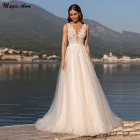 magic awn beach wedding dresses 2022 lace appliques illusion shiny tulle boho bridal gowns a line sleeveless vestido de novia