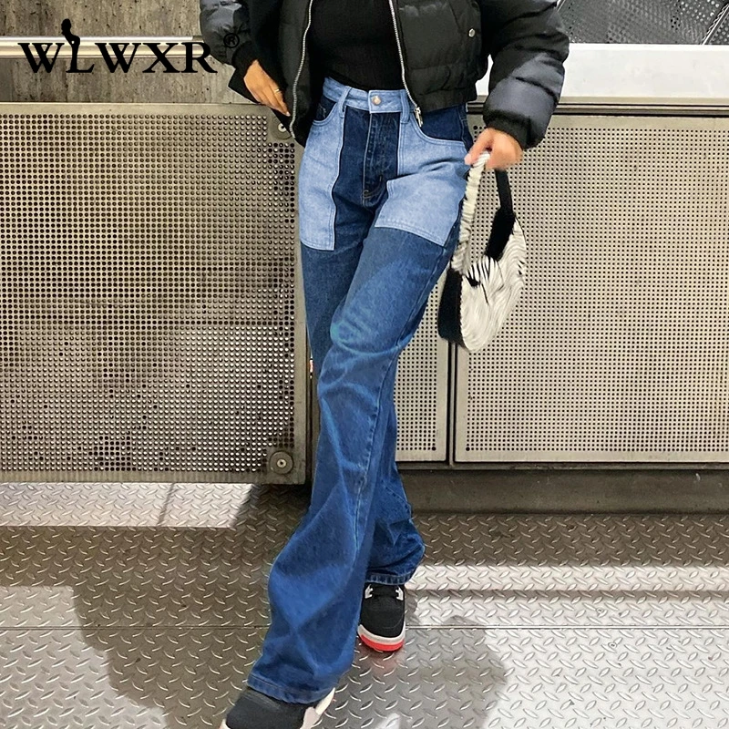 WLWXR уличная мешковатые джинсы Для женщин Высокая Талия Брюки клеш Женские брюки с