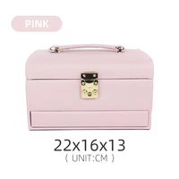 three layers pink portable leather jewelry storage box with mirror for female earring ring pendent bracelet jewellery organizers