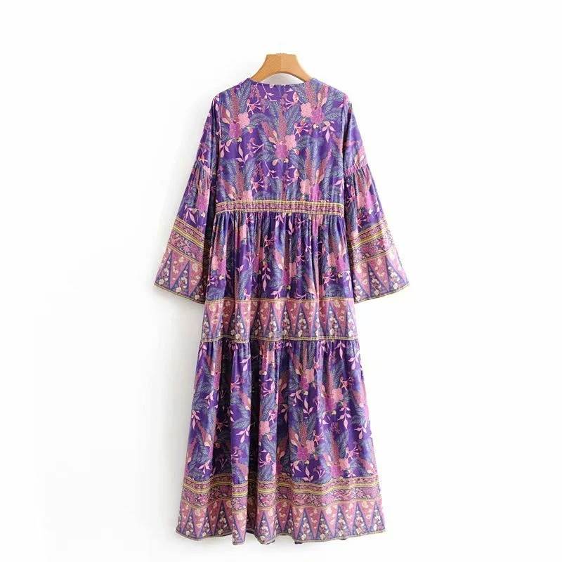 Vintage Chic Women Purple Floral Print V-neck Rayon Beach Bohemian Dresses Ladies Tassel Lace-up Summer Boho Maxi Dress Robe | Женская