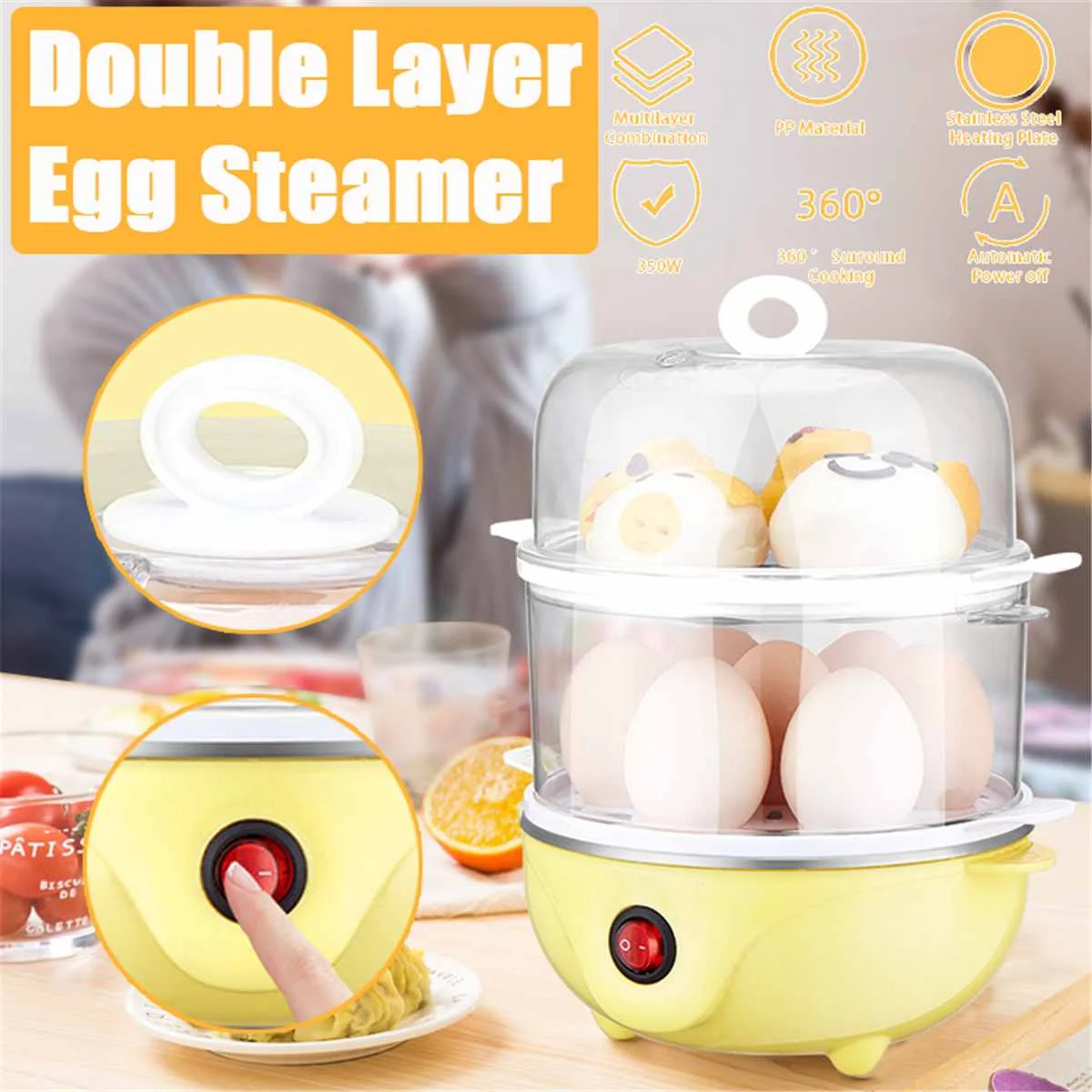 

Portable Egg Steamer Double Layer Electric Egg Cooker Boiler Heating Stainless Steel Steamer Pan Kitchenware Cooking Tools