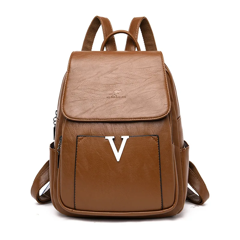 

Hot selling Korean solid color women's backpack fashion leisure multi-functional large capacity travel soft leather schoolbag