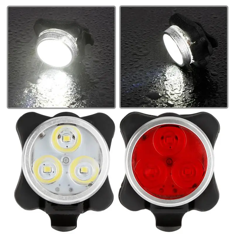

2 Color Practical Cycling Bicycle Bike 3 LED Head Front Rear Tail Light Rechargeable Battery With USB Charging Cable