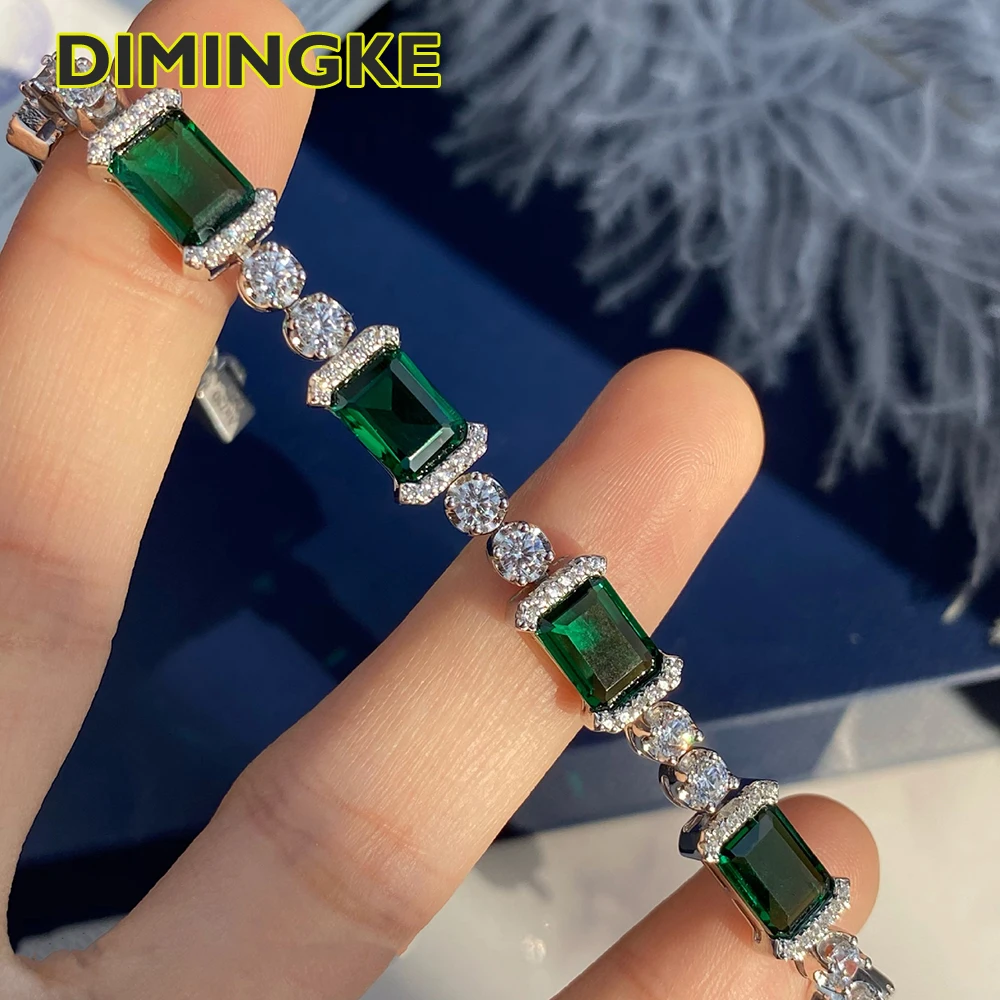 

DIMINGKE S925 Sterling Silver AU750 18K Gold 6*8MM Emerald Bracelet 17CM Fine Jewelry Women's Party Anniversary Gift