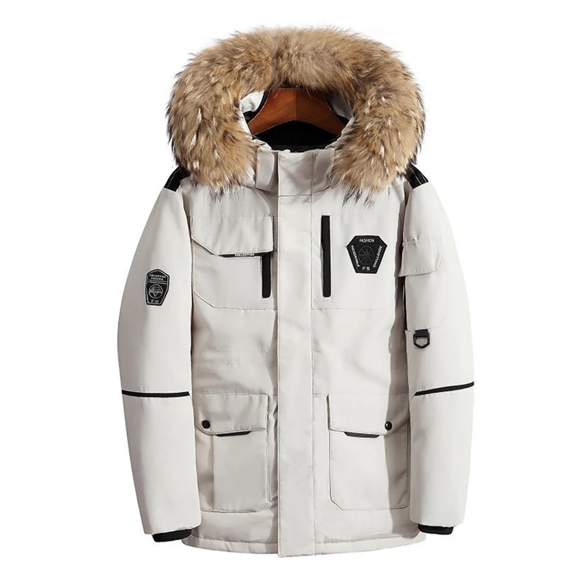 Unisex Big Fur Men Women Down Jacket Goose Mid-length Plus Size 3XL Winter Jacket Women Handsome Cargo Cotton Padded Warm Coat