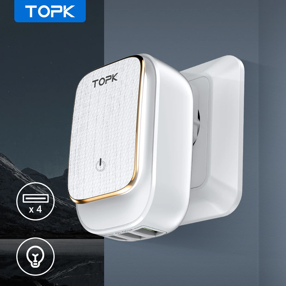 TOPK настенный адаптер для путешествий с 4 портами EU/US/UK/AU 22 Вт светодиодный USB