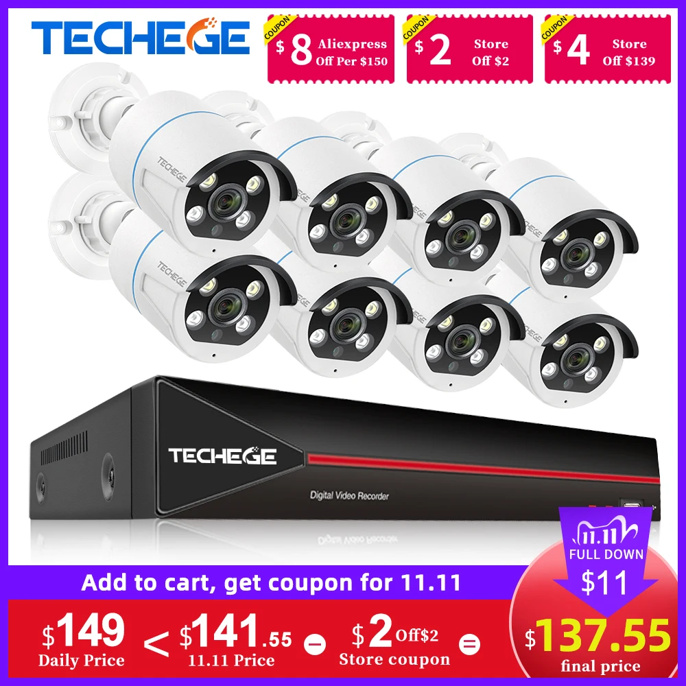 Techege H.265 8CH 1080P POE Камера Системы комплект двухстороннее аудио IP открытый