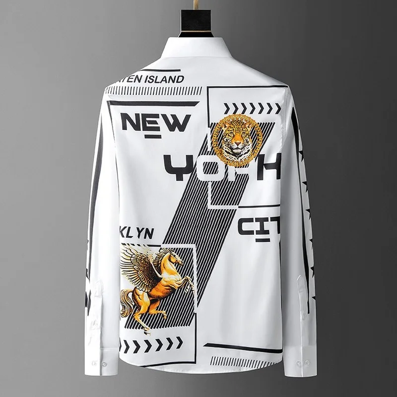 Luxurious Print Shirts for Men's 2021 Autumn Long Sleeve Slim Fit Casual Business Streetwear Blouse Social Party Nightclub Tops