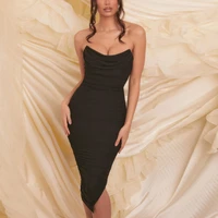 summer midi dress mesh strapless ruched padded lining stretch invisible zipper slim fit woman dress lady chic party robe