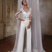 women white elopement wedding dress two pieces pant suits lace 34 long sleeves v back bride formal reception gown