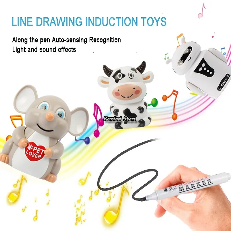 

Детский мультяшный игрушечный робот с животными, Индукционная Новинка, игрушка с электрическим светом и звуком вдоль ручки, подарки с автом...