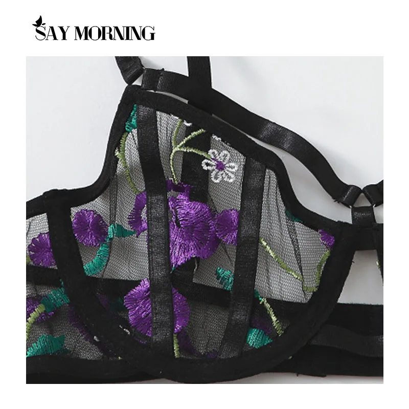 

SAY MORNING New 2021 Women Sexy Guipure Lace Underwire Lingerie Set Hollow out Floral Tops Bra Thong Two piece Underwear Set