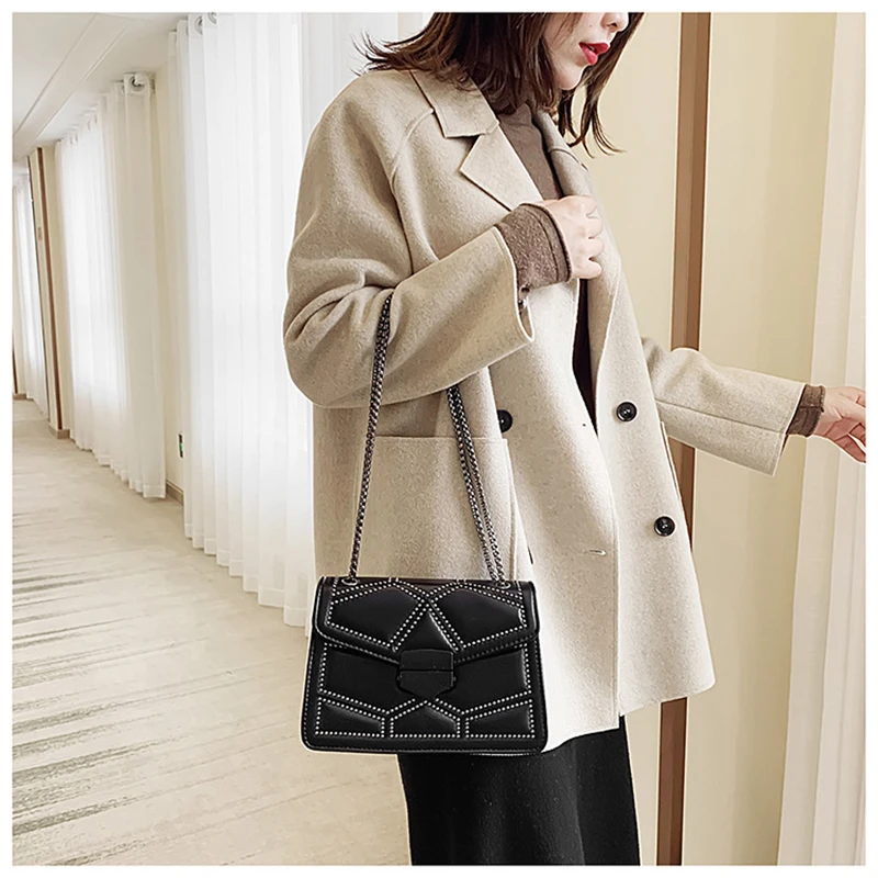 Women's Bags 2020 Studded Chain Small Shoulder Bag Luxury Handbag Well-known Brand Designer Premium Messenger Black | Багаж и сумки