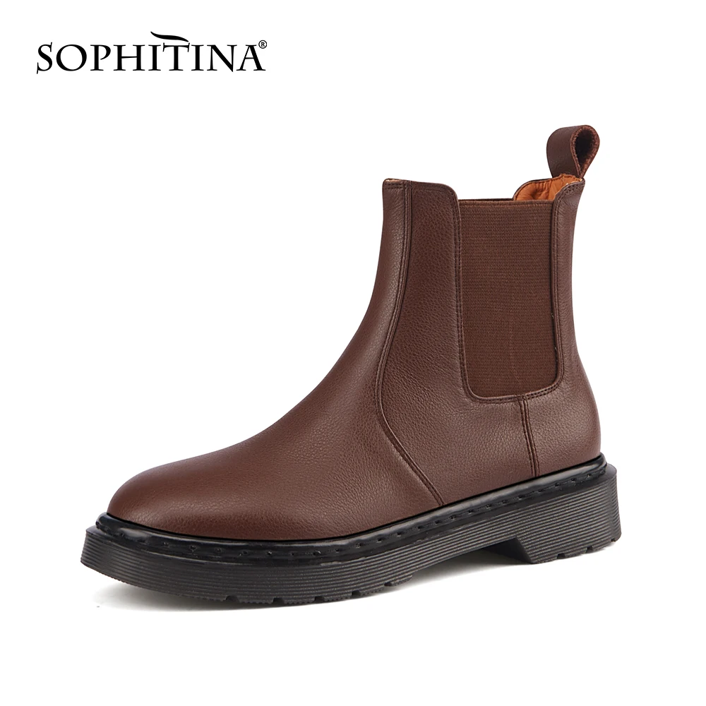 

SOPHITINA Chelsea Ankle Boots Women Fashion Spring/Autumn Slip On Premium Leather Boots Comfort Flat Platform Women Shoes YO328