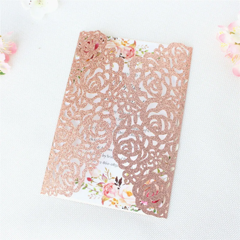 

(100 pieces/lot) Luxury Rose Gold Glittery Wedding Invitations With Bowknot Customized Print Quinceanera Birthday Cards IC055