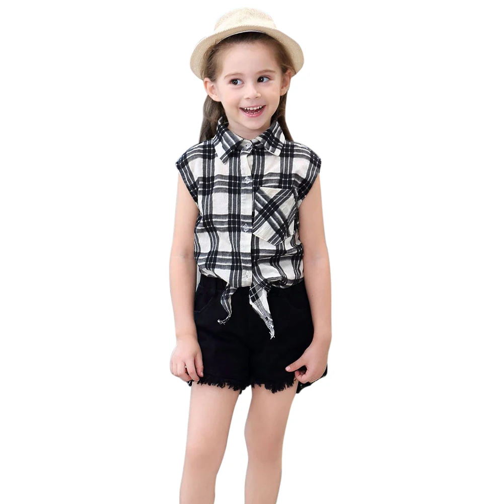 

Kids Girls Tops with Shorts Suit Plaid Sleeveless Loose Casual Clothing Set for Summer YH-17