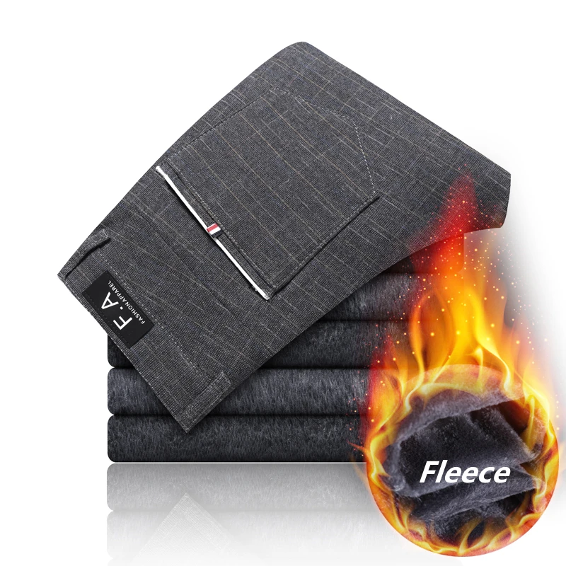 

Classic Men'S Regular Fit Fleece Pants High-End Brand Stretch Straight Fashion Casual Pants Male Plus Velvet Thick Warm Clothes