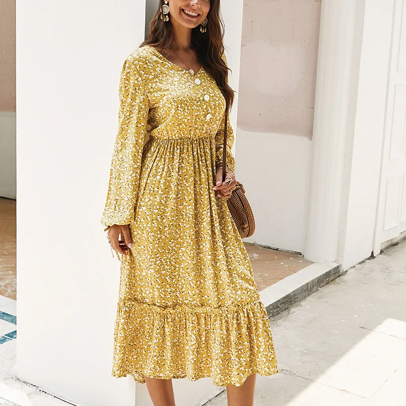 

Fashion Women's Dress New Summer Casual V-neck Floral Print Button Loose Plus Size Elegant Long-sleeved Dress Donsignet