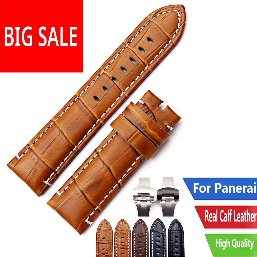 Rolamy 22 24mm Luxury Leather VINTAGE Black Real Calf Crocodile Grain Thick Wrist Watch Band Belt Silver Black Clasp For Panerai