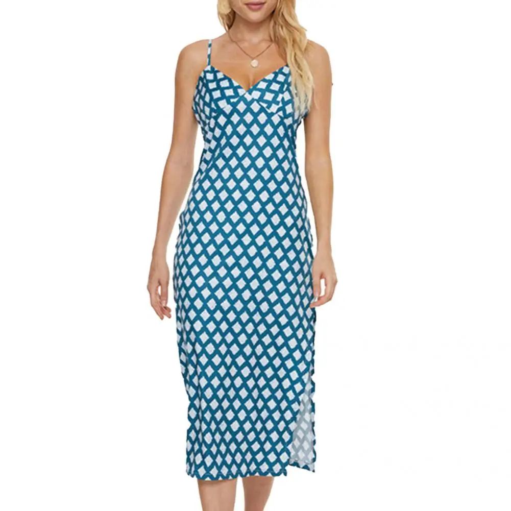 

Dress Sexy Plaid Suspender V Neck Dress Lady Sexy Dress Slit for Vacation