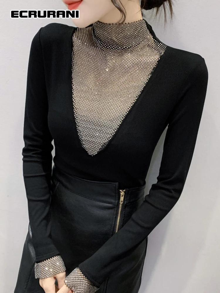 

ECRURANI Sexy Black Patchwork Diamond T Shirt For Women Turtleneck Long Sleeve Slim Women's T Shirts 2021 Autumn Fashion Clothes