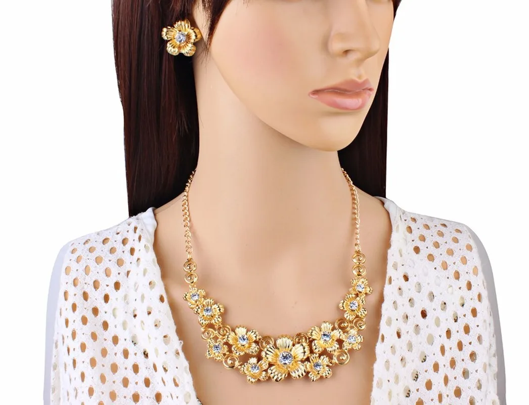 Дубай Золотые Ювелирные наборы для женщин модное длинное ожерелье цветок серьги