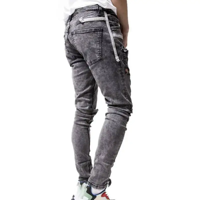 

Mens Denim Jeans Hole Decorated Slim Fit Biker Casual Daily Pants Man Jeans Pockets Casual Grey Stretch Pencil Trousers