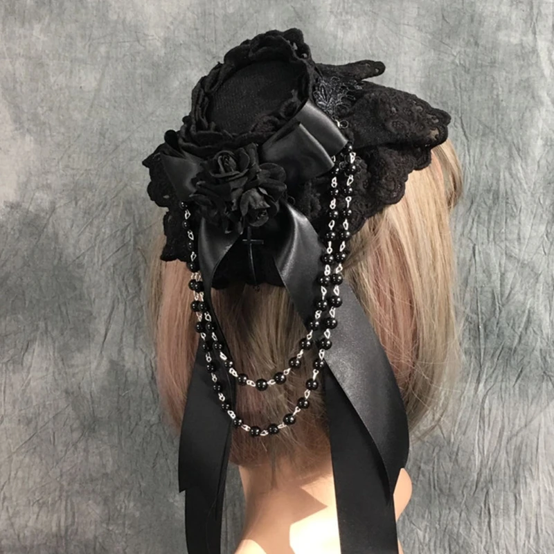 

Girls Lolita Lace Headdress Ribbon Bowknot Gothic Royal Style Kawaii Flower Bows Headwear Vintage Bonnet Headpiece