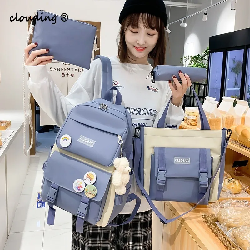 

4 Pcs Set Harajuku Women Laptop Backpack Canvas School Bags For Teenage Girls Kawaii College Student Kids Book Bag Rucksack 2021