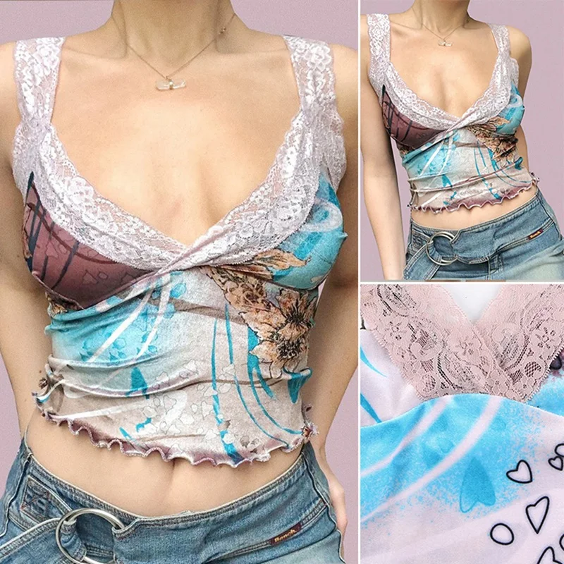 

Girl Aesthetics Printing Lace Trim Cami Tops Deep V-Neck Spaghetti Strap Backless Crop Tops Vintage Graphic
