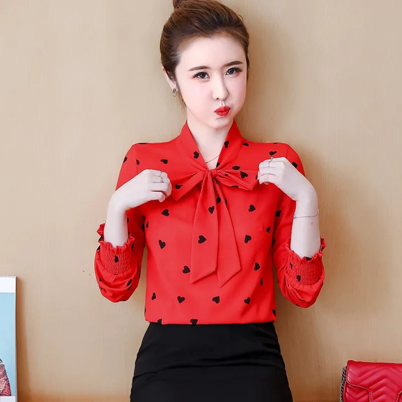 

Women Casual Temperament Chiffon Blouse Spring Summer Heart Print Blouse Office Lady Long Sleeve Bow Collar Blouses M