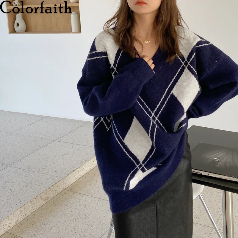 

Colorfaith New 2020 Women's Autumn Winter Knitwear V-Neck Pullover Argyle Korean Oversize Elegant Vintage Lady Jumpers SW1160JXK