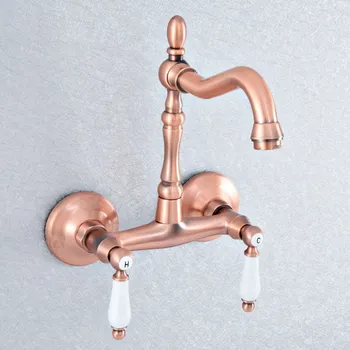 Antique Red Copper 2 Ceramic Handle Two Hole Wall Kitchen Bathroom Basin Faucet Sink Cold Hot Mixer Tap Swivel Spout 360' dsf897