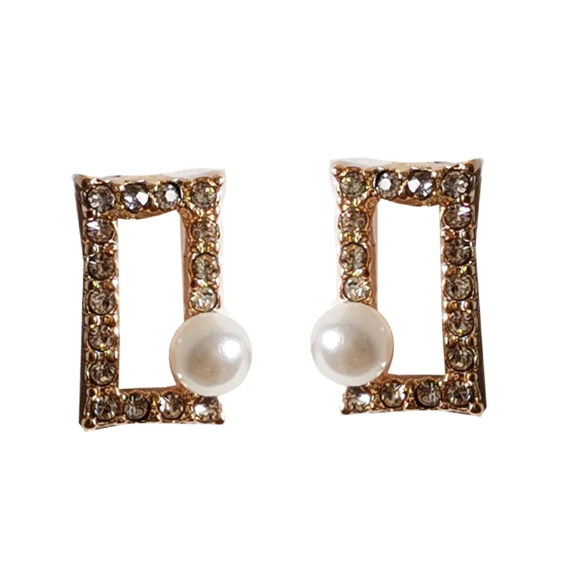 

S925 needle Trendy Jewelry Square Earrings Metal Alloy Single Simulated Pearl High Quality Crystal Stud Earrings For Girl Gifts