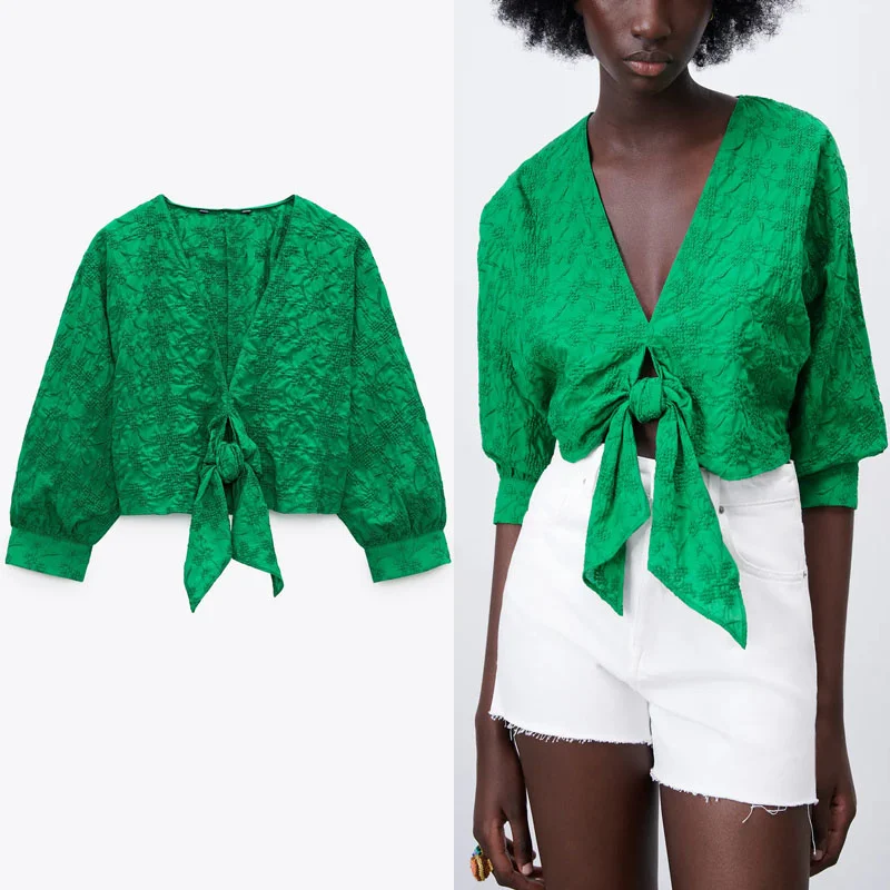 

Женская блузка с вышивкой ZA, легкая зеленая рубашка с длинным рукавом, V-образным вырезом и поясом, летняя блузка с эластичным подолом, 2021