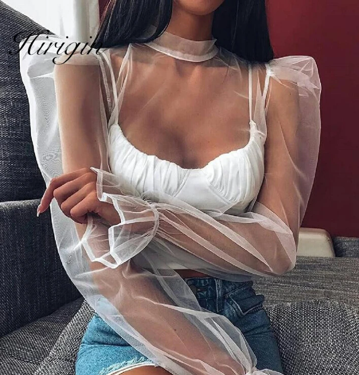 Женский прозрачный сетчатый топ элегантная винтажная блузка с длинным рукавом