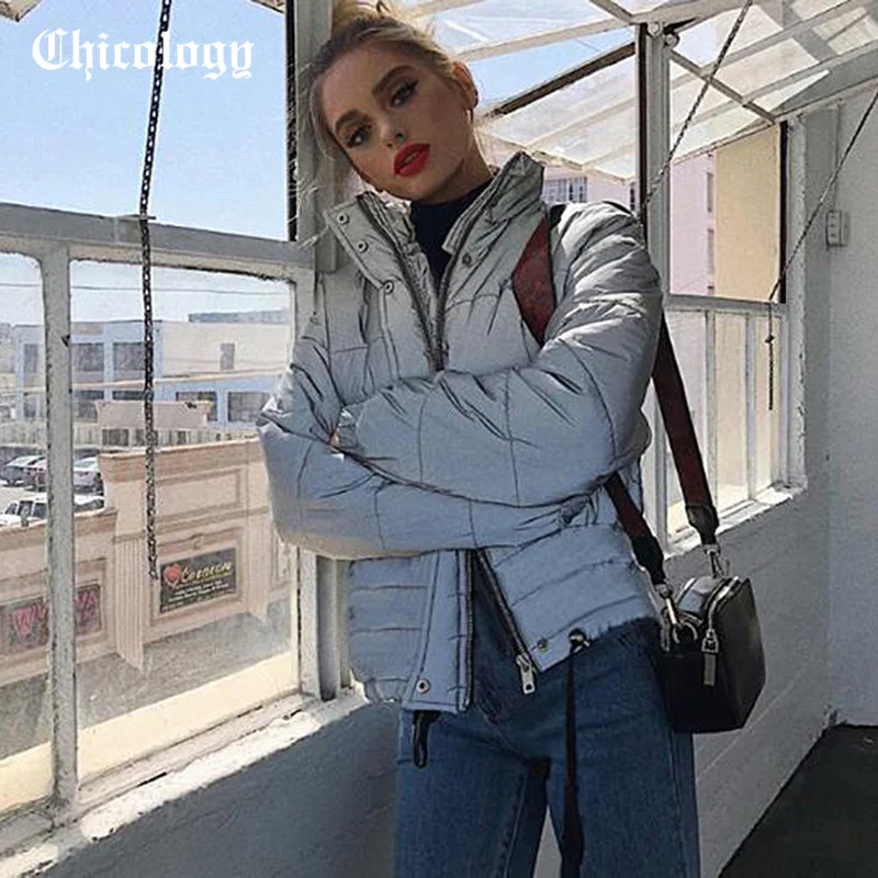 

Chicology 2021 Women Autumn Winter Warm Long Sleeve Reflective Short Coat Ins Fashion Streetwear Y2K Loose Zipper Jacket